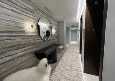 A hallway with a mirror and a white sheep.